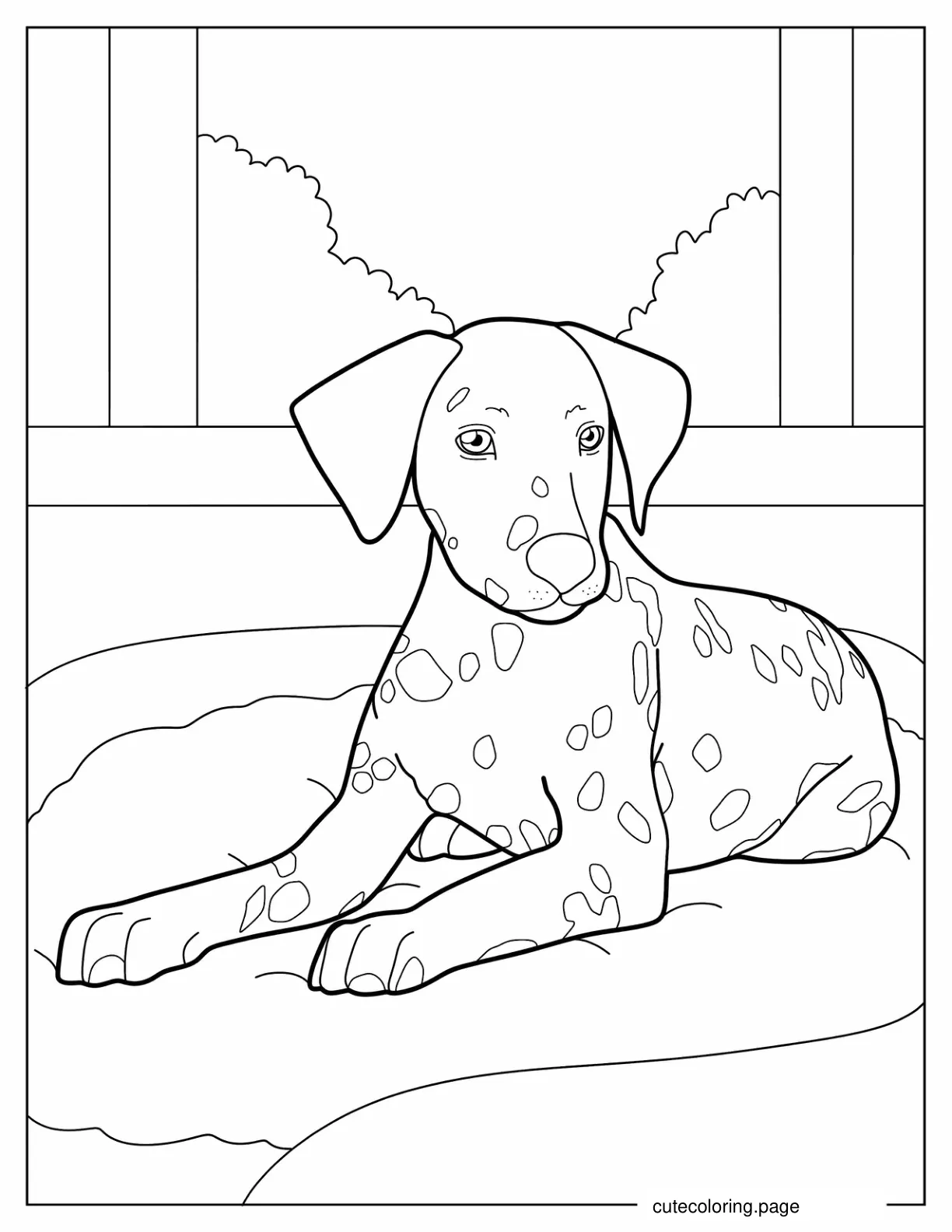 Realistic Dalmatian On Dog Bed Coloring In coloring page