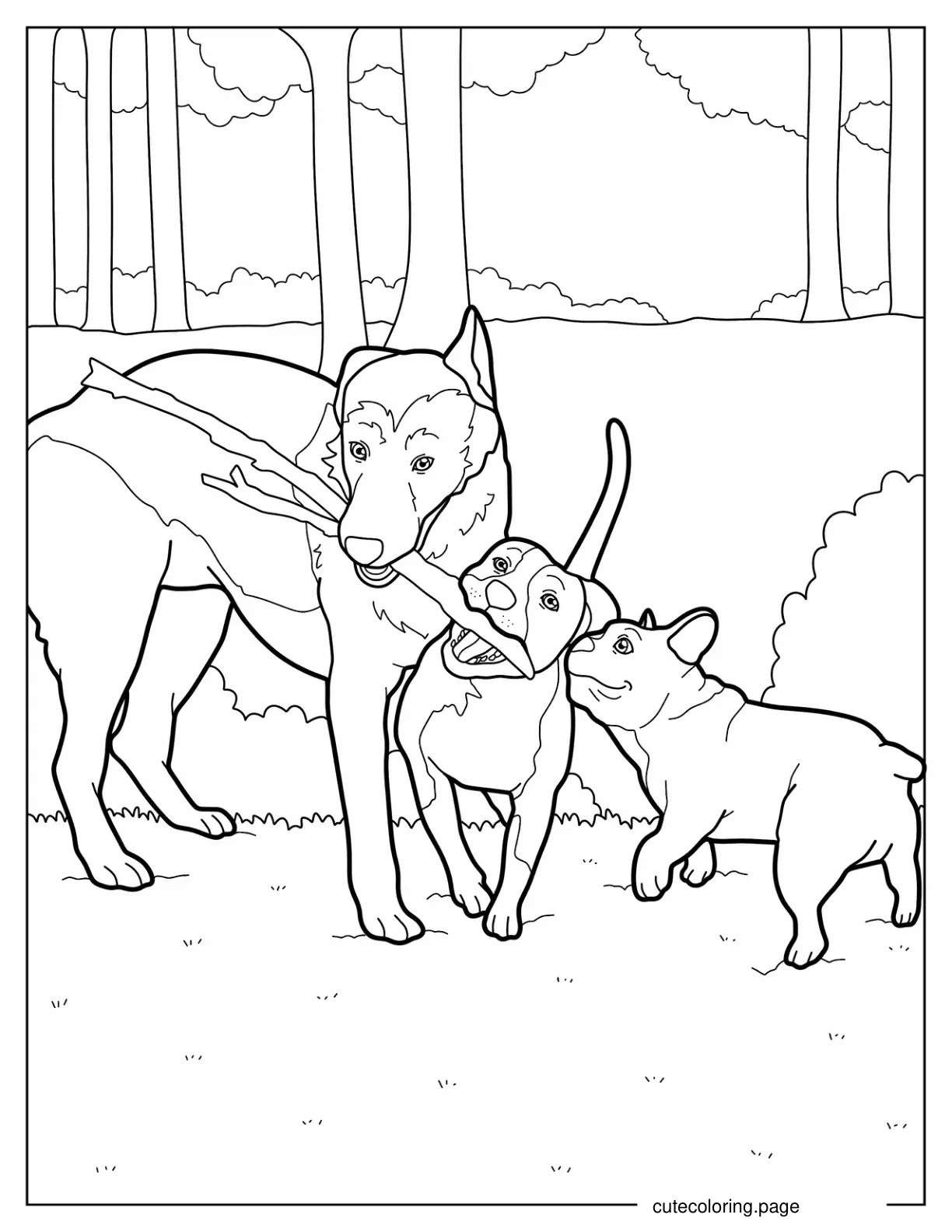 Three Dogs Playing With Large Stick coloring page