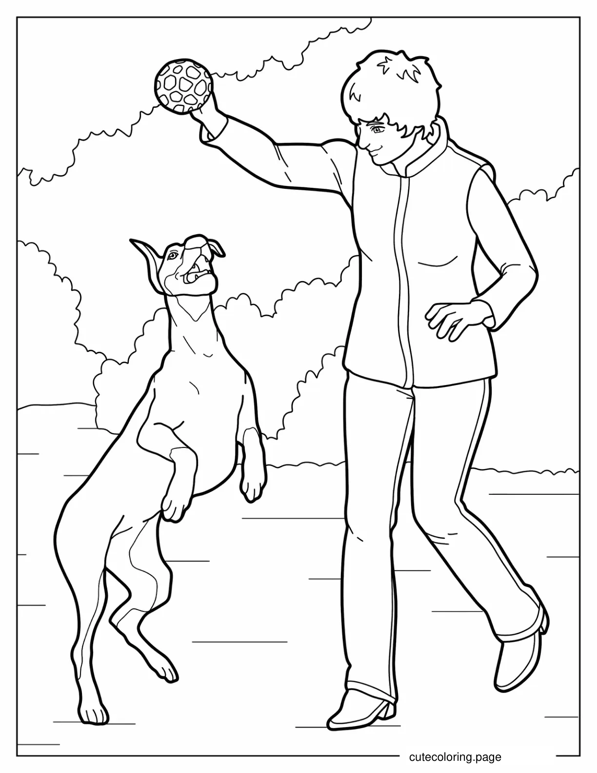 Woman Playing With Large Dog In Park Coloring Sheet coloring page