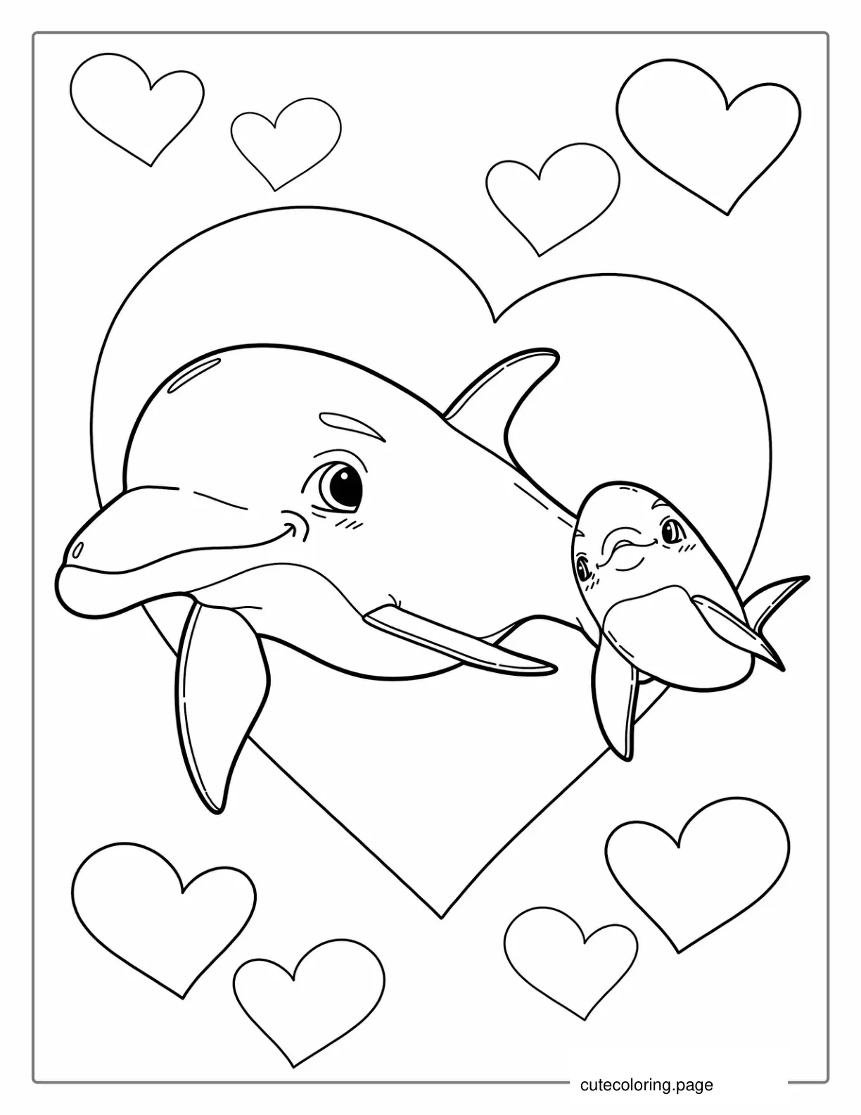 Mother And Baby Dolphin With Love Hearts coloring page