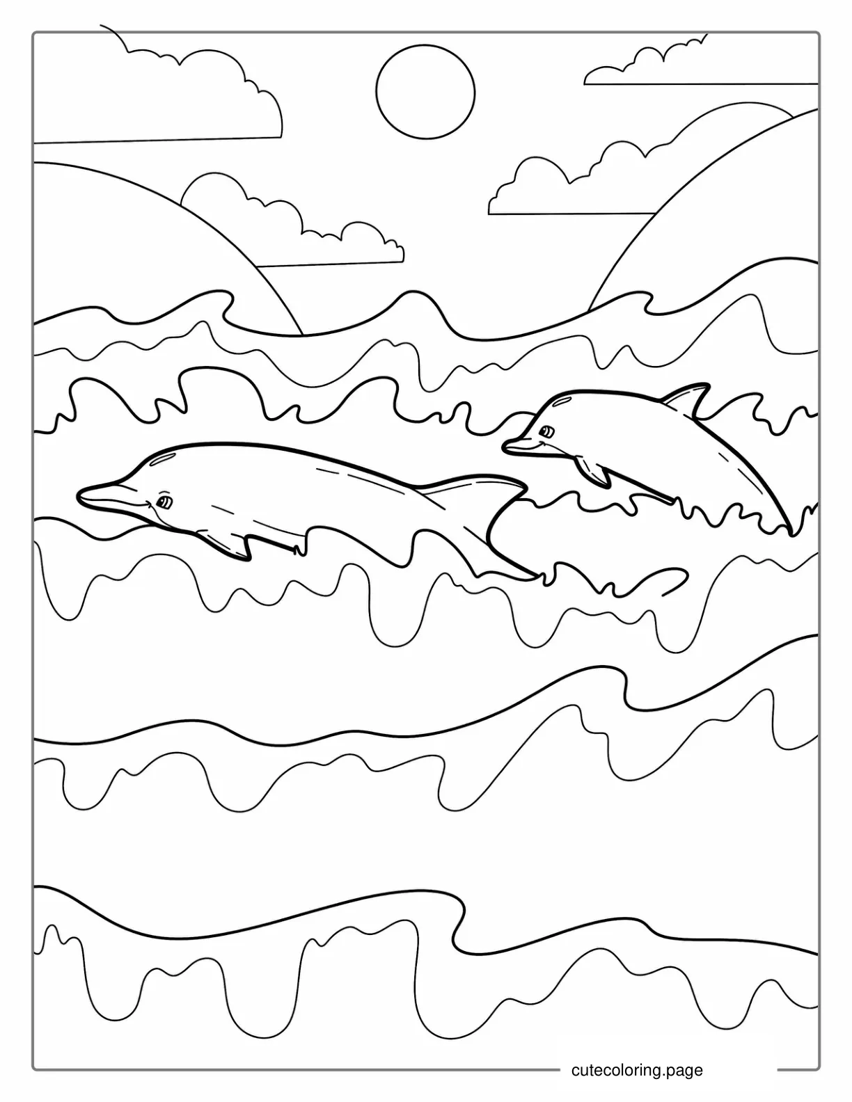 Two Dolphins Swimming In Waves coloring page