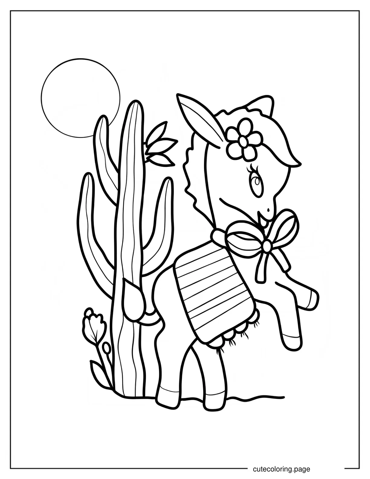 Baby Donkey With Bow Standing Beside A Cactus coloring page