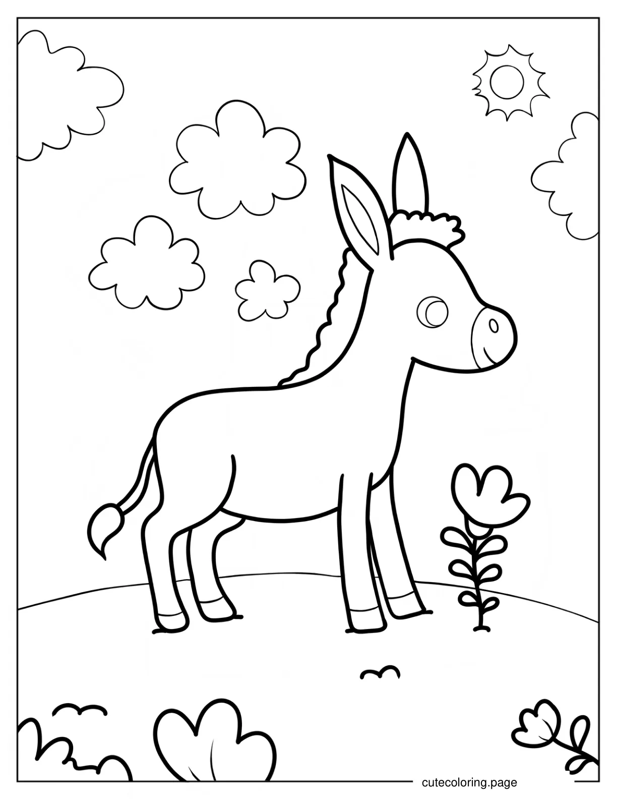 Cute Donkey With Flower Coloring Page For Preschoolers coloring page