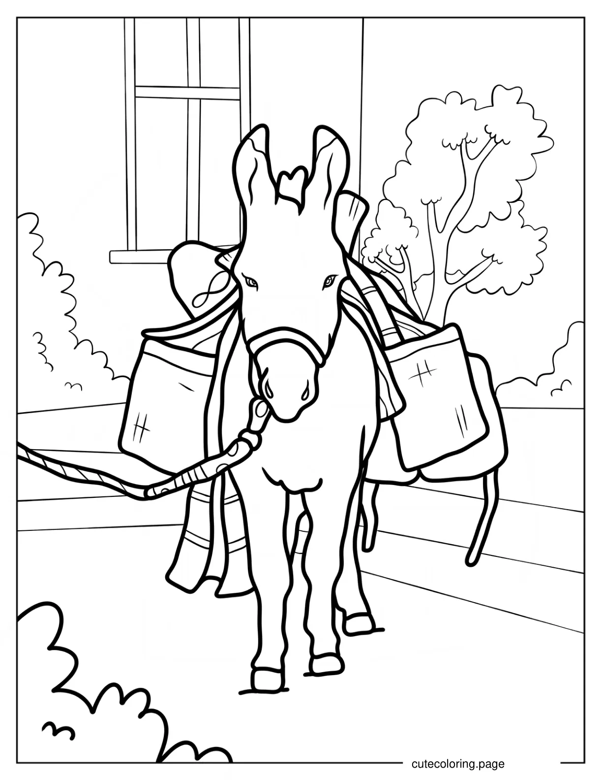 Easy Donkey Carrying Bags Outline Coloring Sheet For Kids coloring page