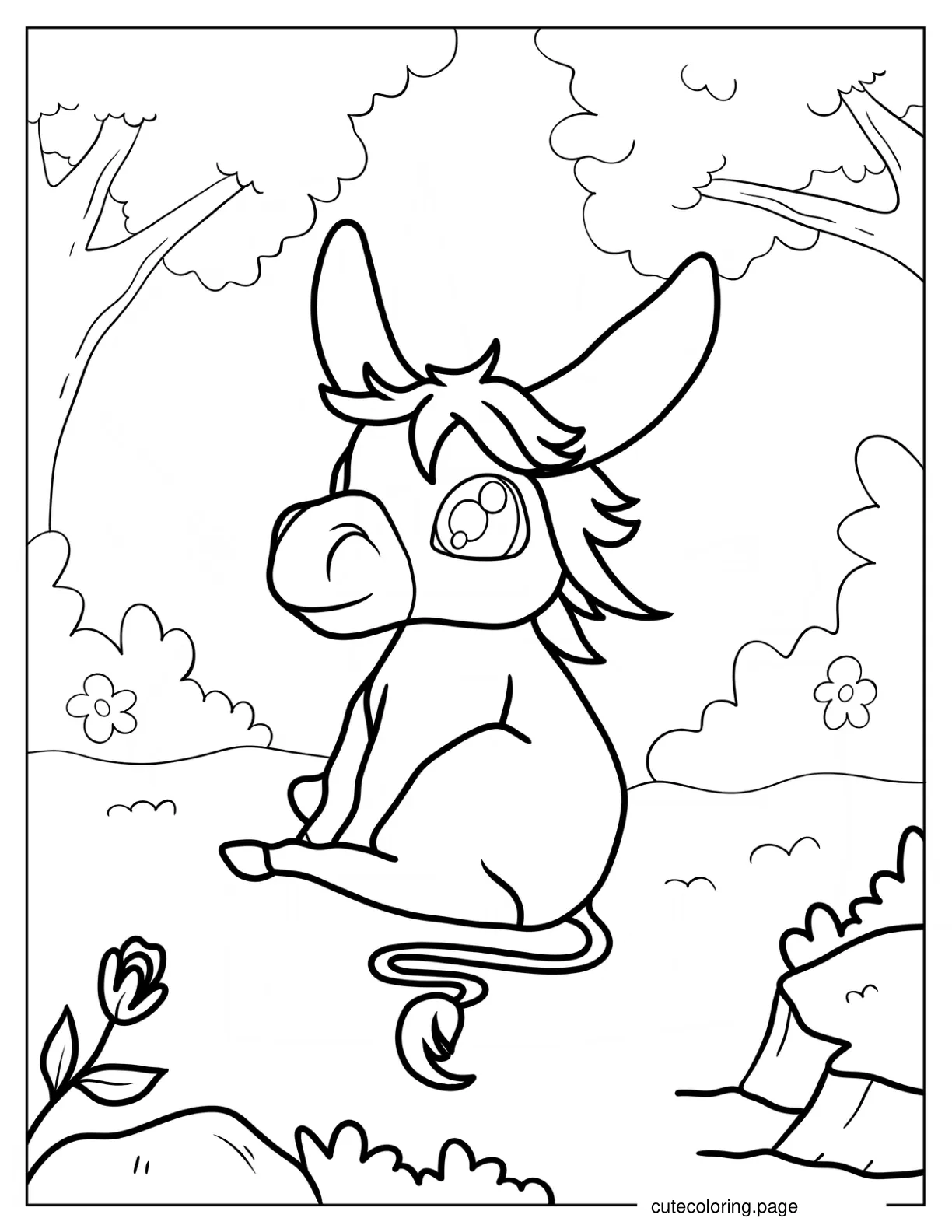 Kawaii Chibi Donkey Sitting On Grass Coloring Page For Kids coloring page