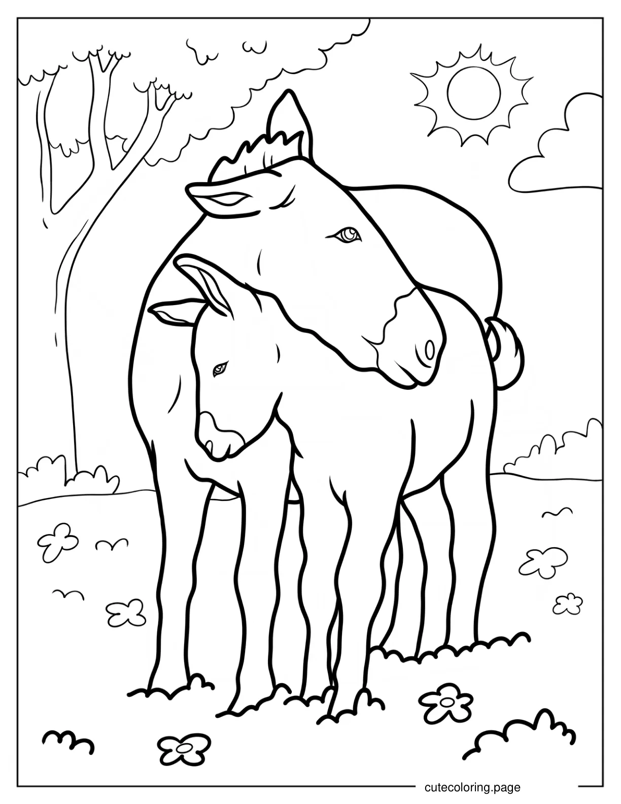 Mama And Baby Donkey Cuddling Coloring Page For Kids coloring page