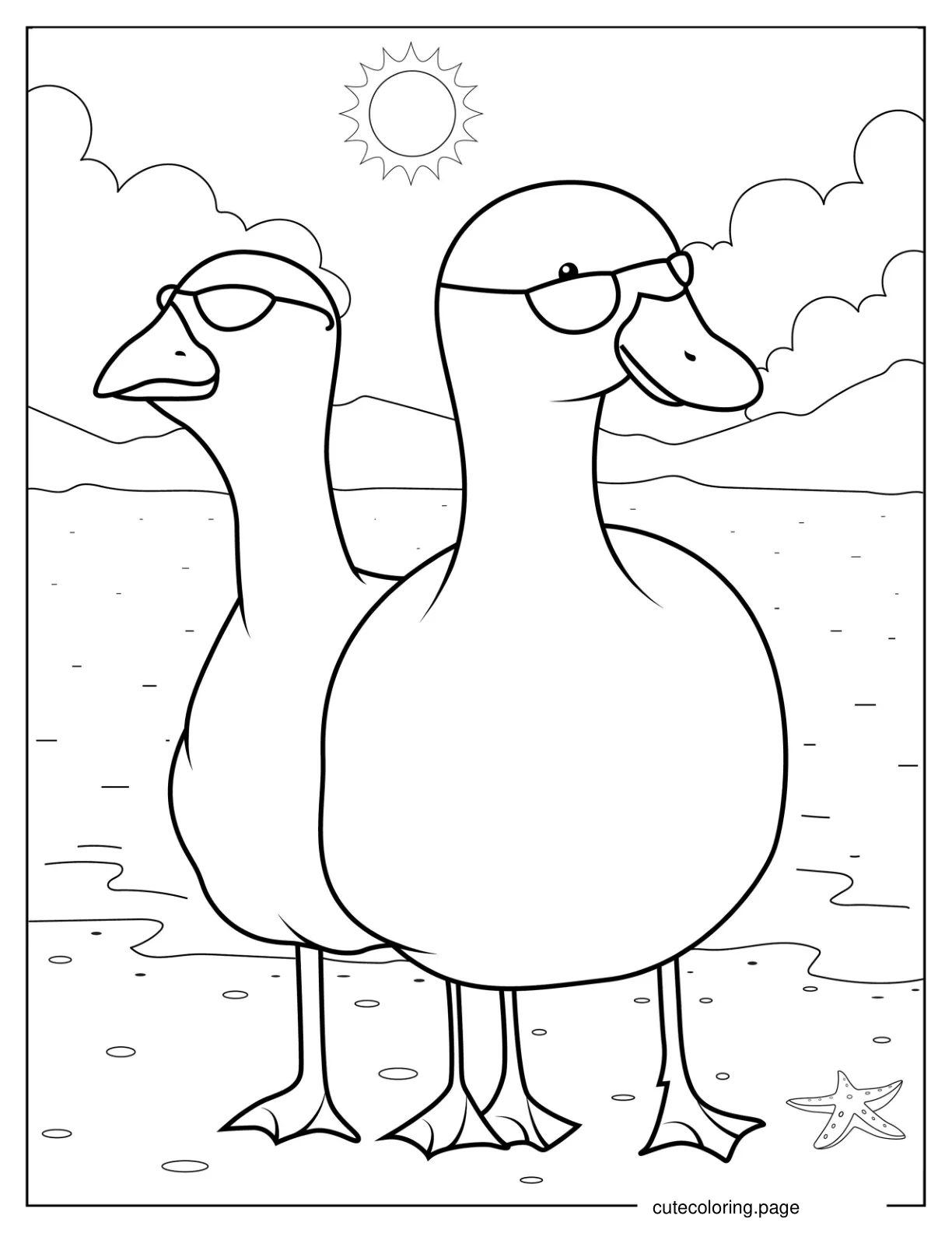 Two Ducks Wearing Sunglasses At The Beach coloring page