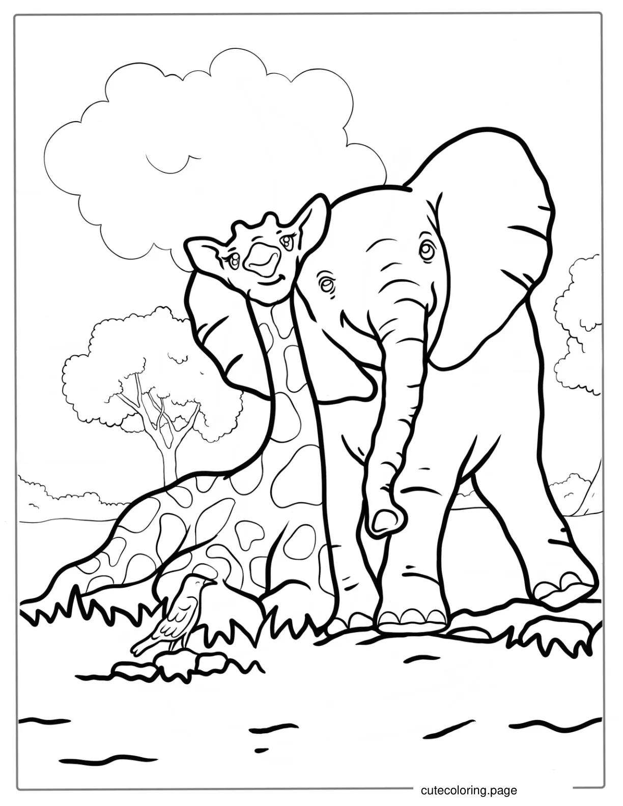 Cute Baby Elephant And Giraffe Coloring For Kids coloring page