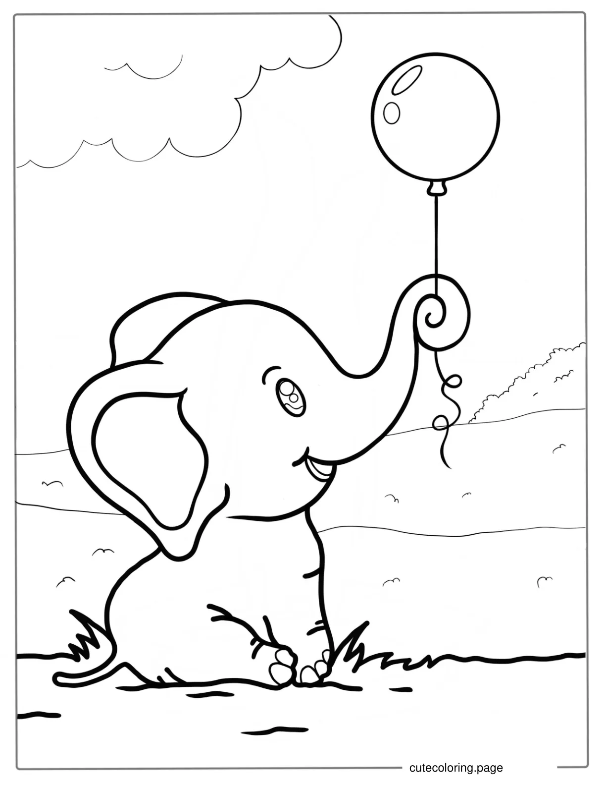 Kawaii Elephant Holding Balloon Coloring For Preschoolers coloring page