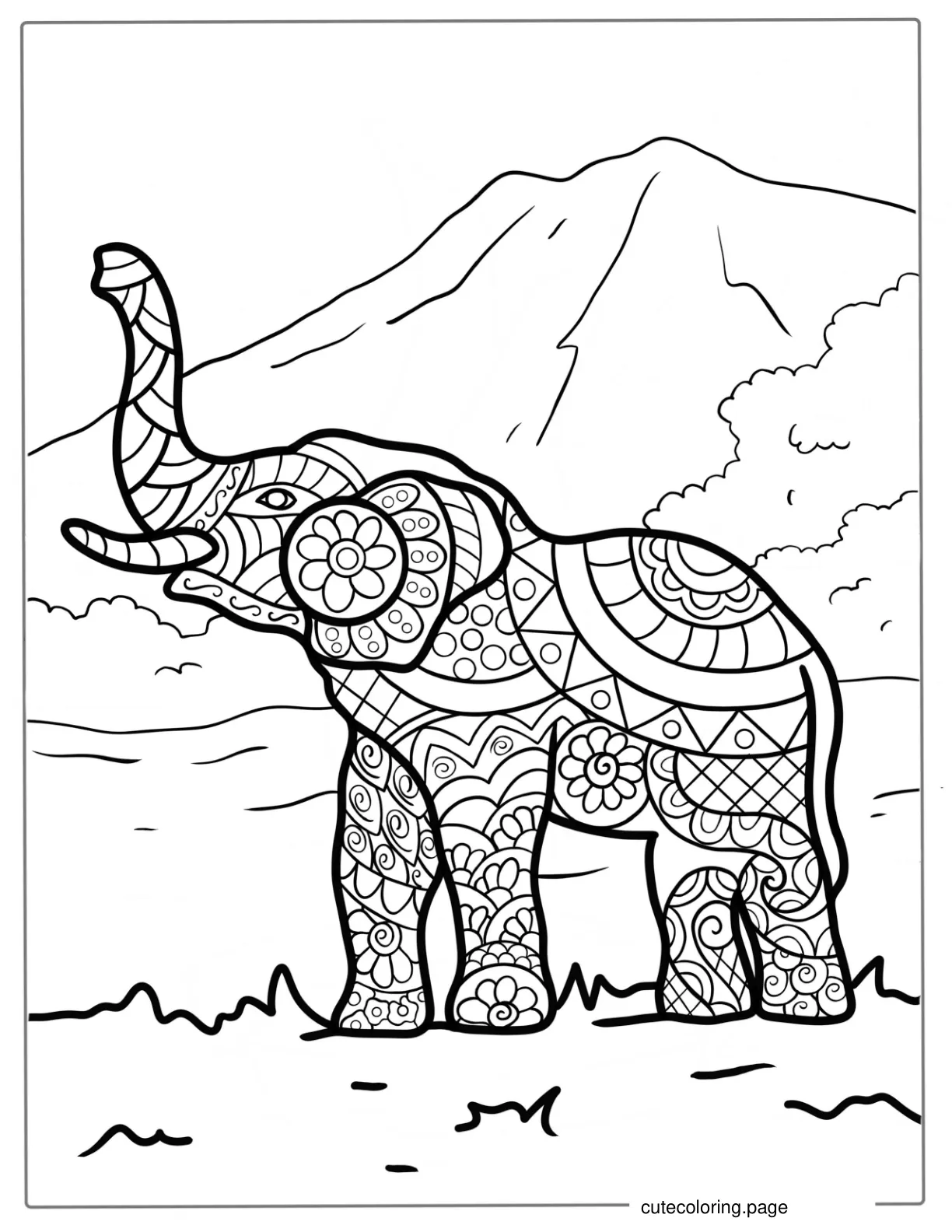 Mandala Elephant Standing Next To Mountain coloring page