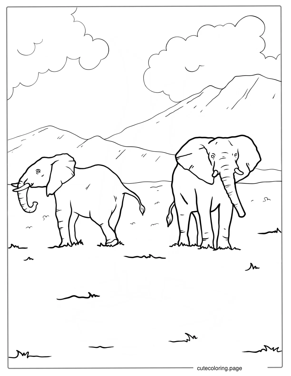 Two Elephants Walking In The Wild Coloring coloring page