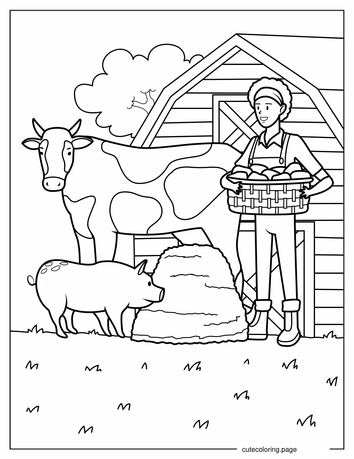 Coloring Page Of Farmer With Pig And Cow coloring page