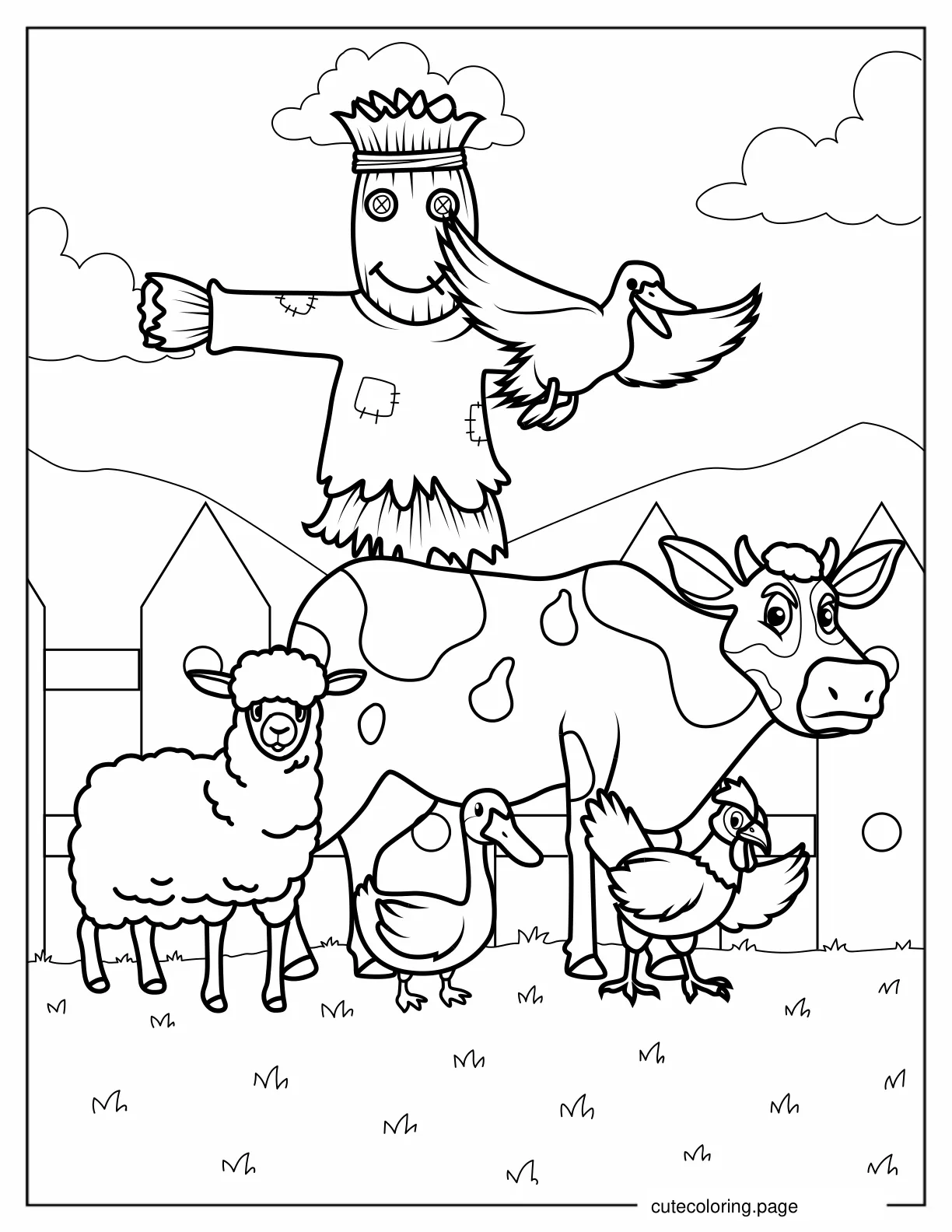 Common Farm Animals With Scarescrow coloring page