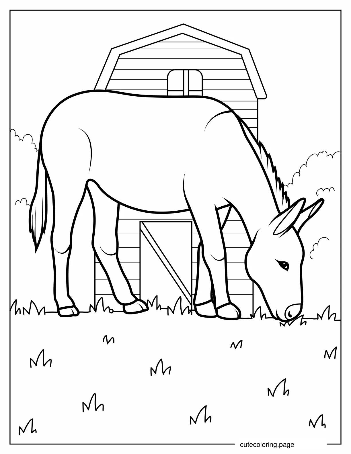 Cute Donkey With Farm Barn To Color coloring page