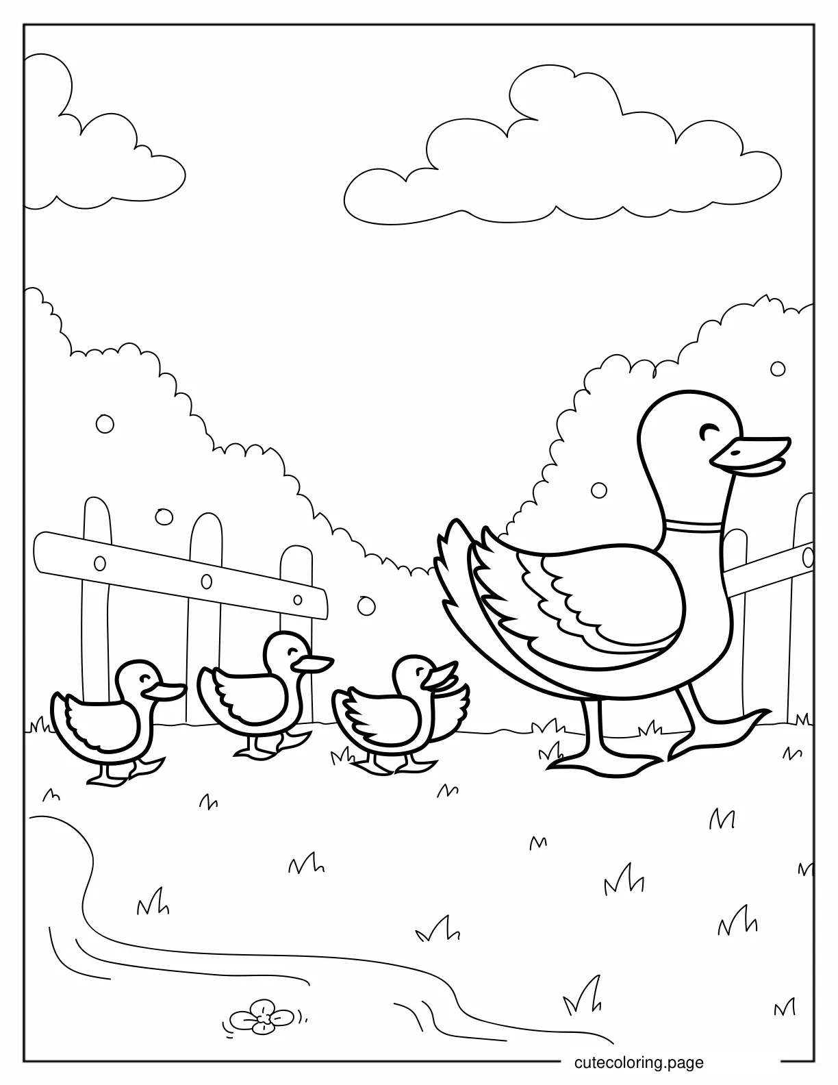 Mother Duck And Ducklings Walking On Farm coloring page