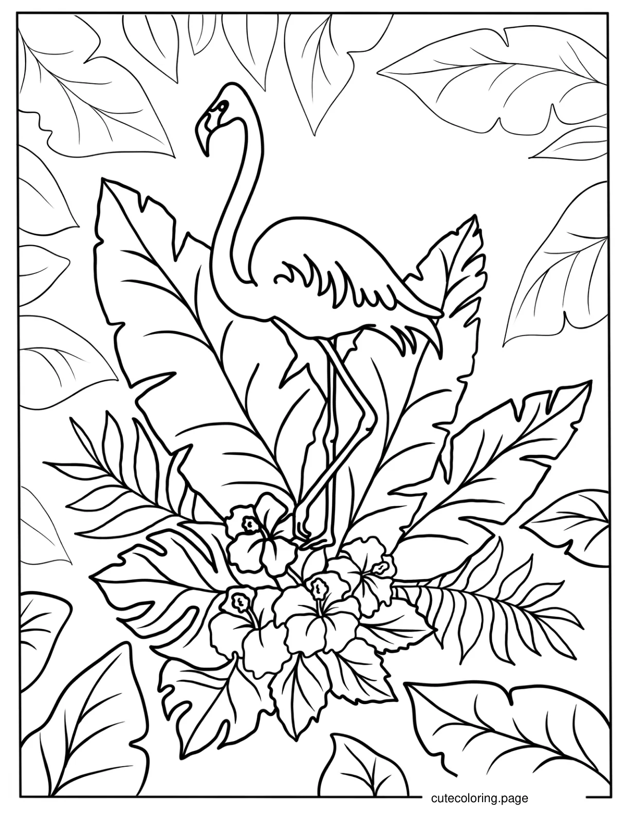 Coloring Page Of a Tropical Themed Flamingo coloring page