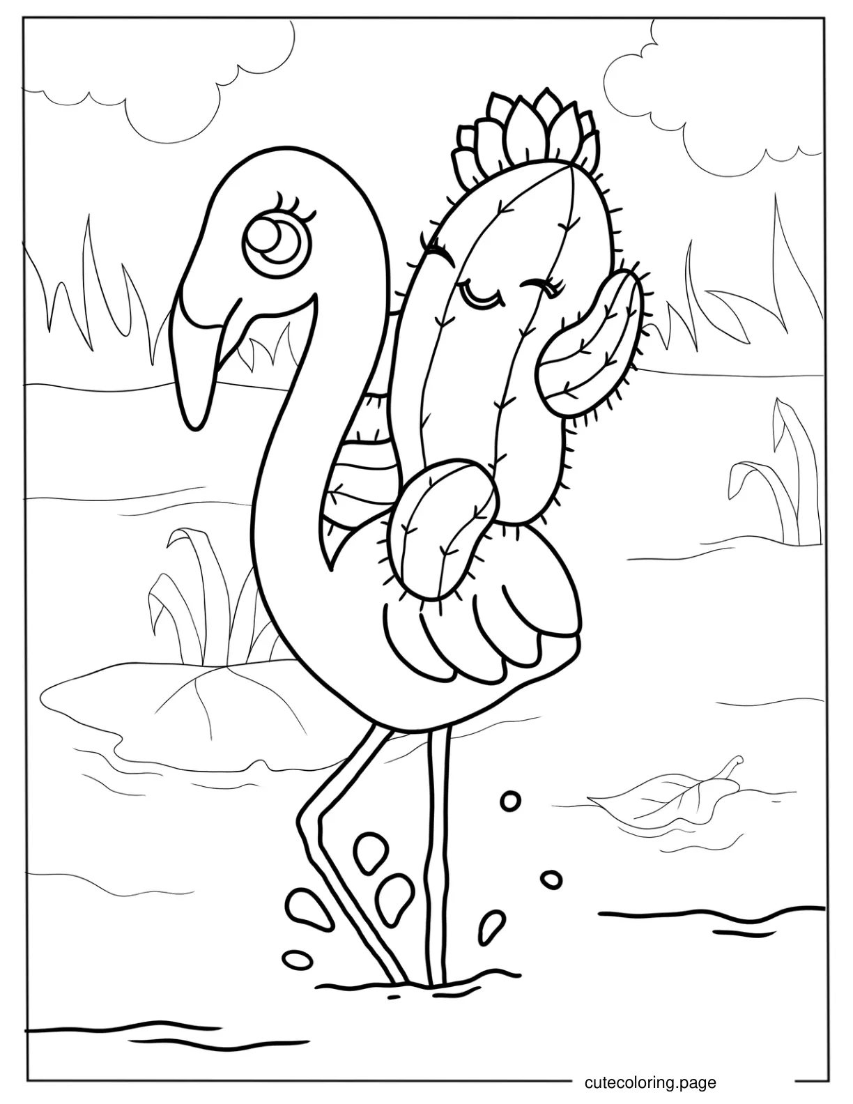 Kawaii Cactus And Flamingo To Color coloring page