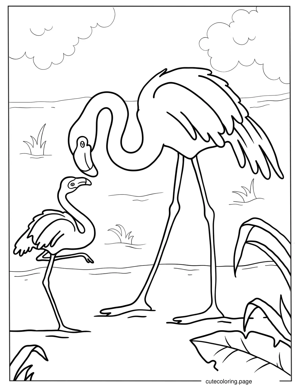 Mother And Baby Flamingo In Water To Color coloring page