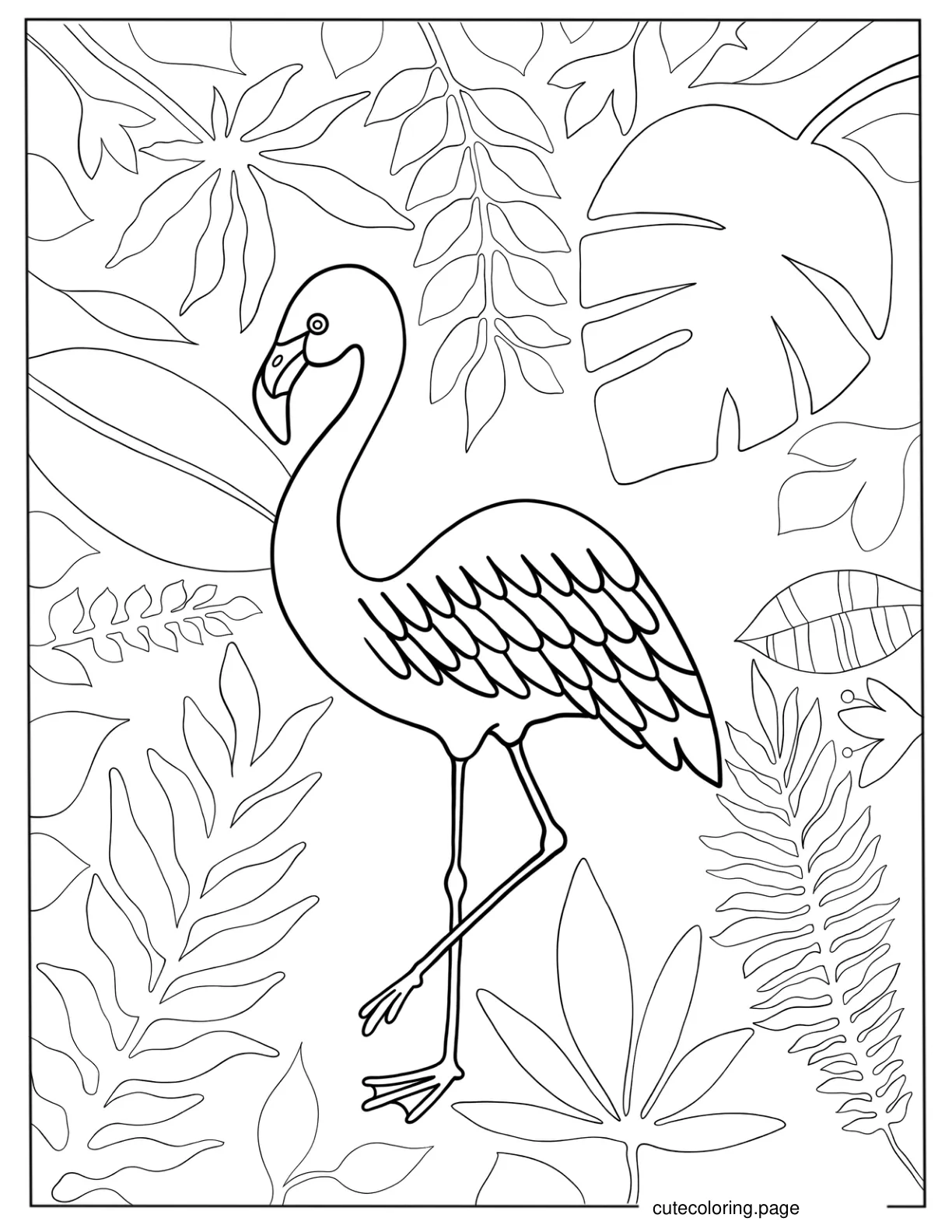 Summer Themed Flamingo With Tropical Leaves coloring page