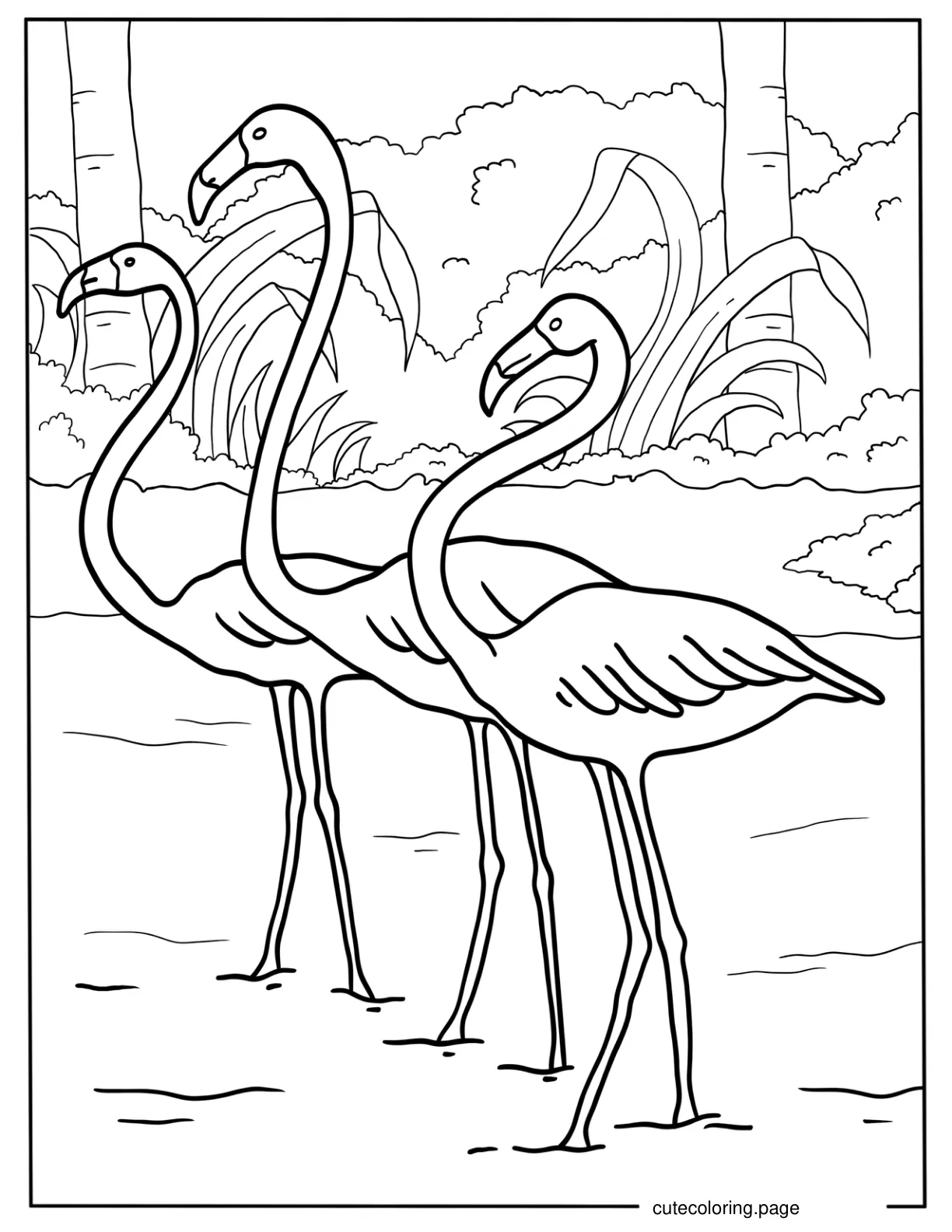 Three Realistic Looking Flamingos coloring page