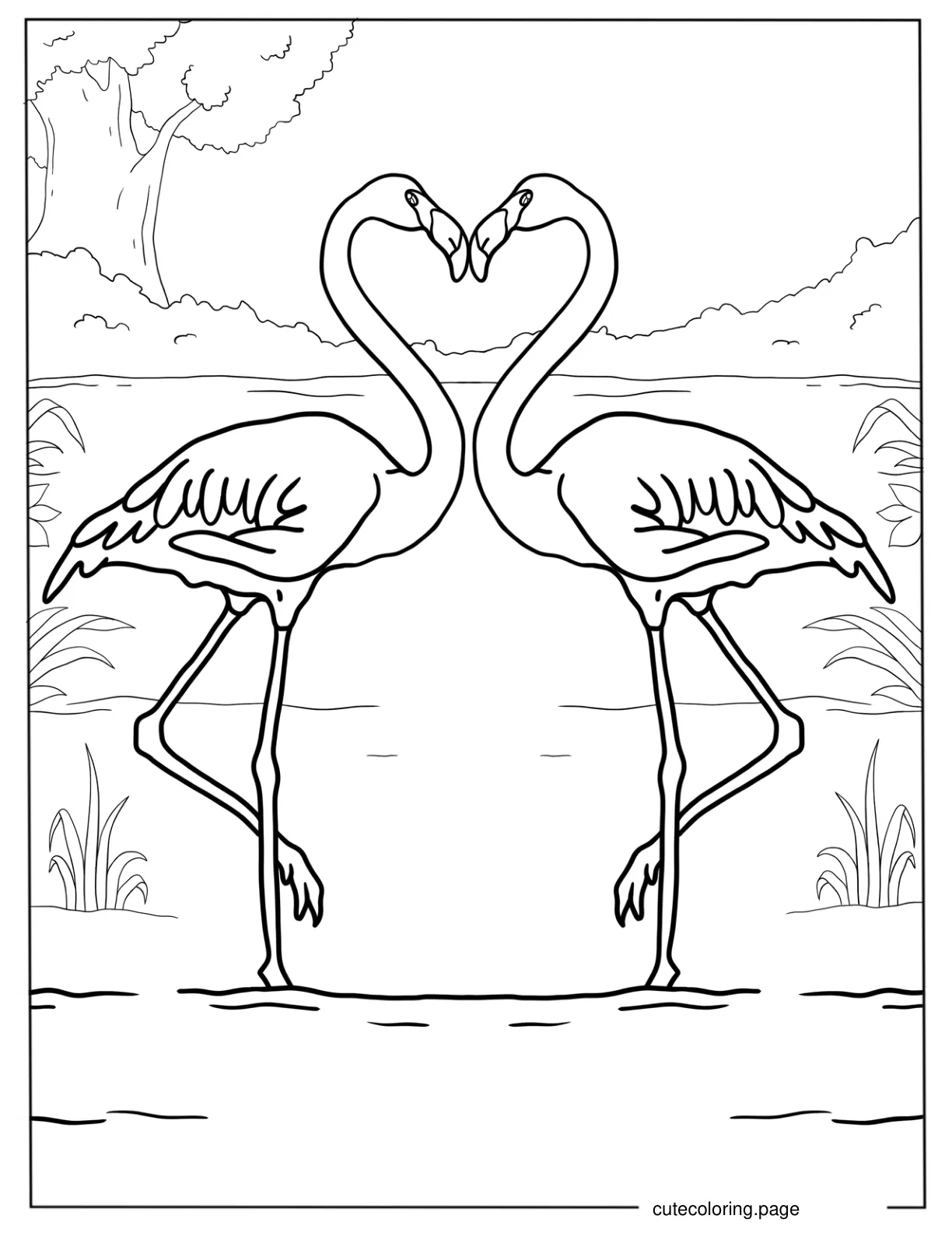 Two Flamingos Making a Love Heart Shape coloring page