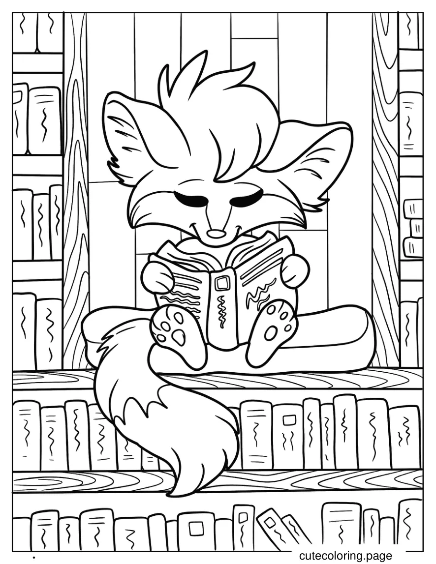 Baby Cartoon Fox Reading Book In Library coloring page