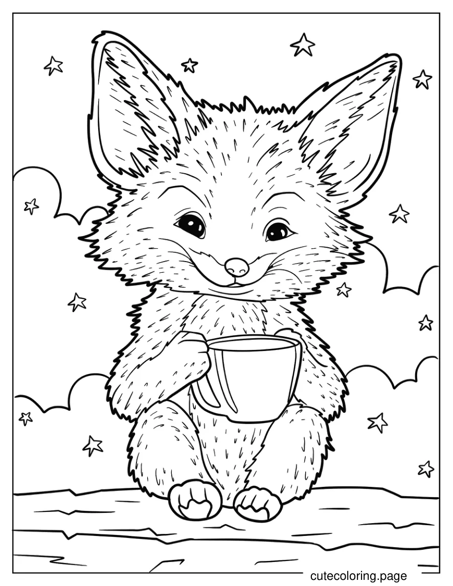 Detailed Fox Holding Cup In Clouds Coloring Sheet coloring page