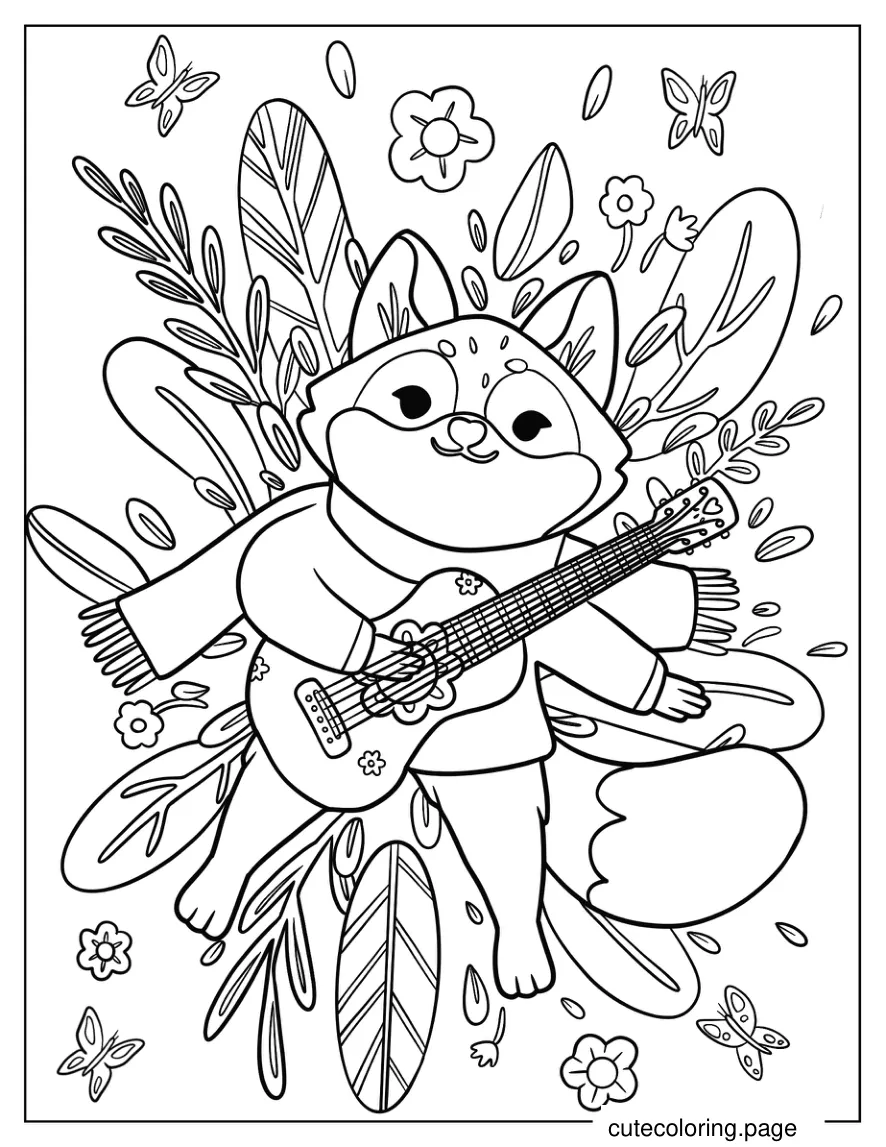 Fox In Scarf And Holding Guitar Coloring Sheet coloring page