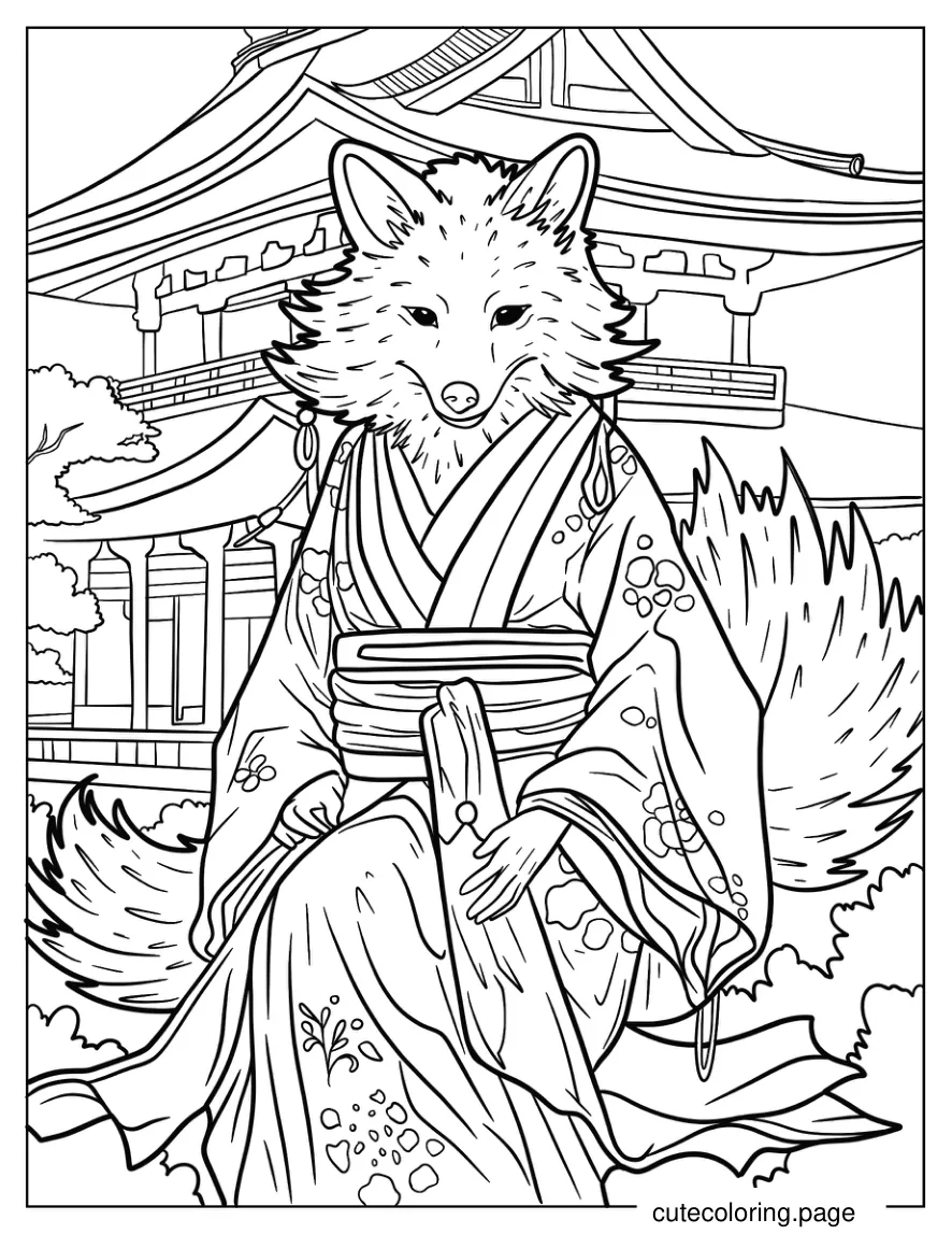 Fox in Kimono In Front Of Japanese Castle coloring page