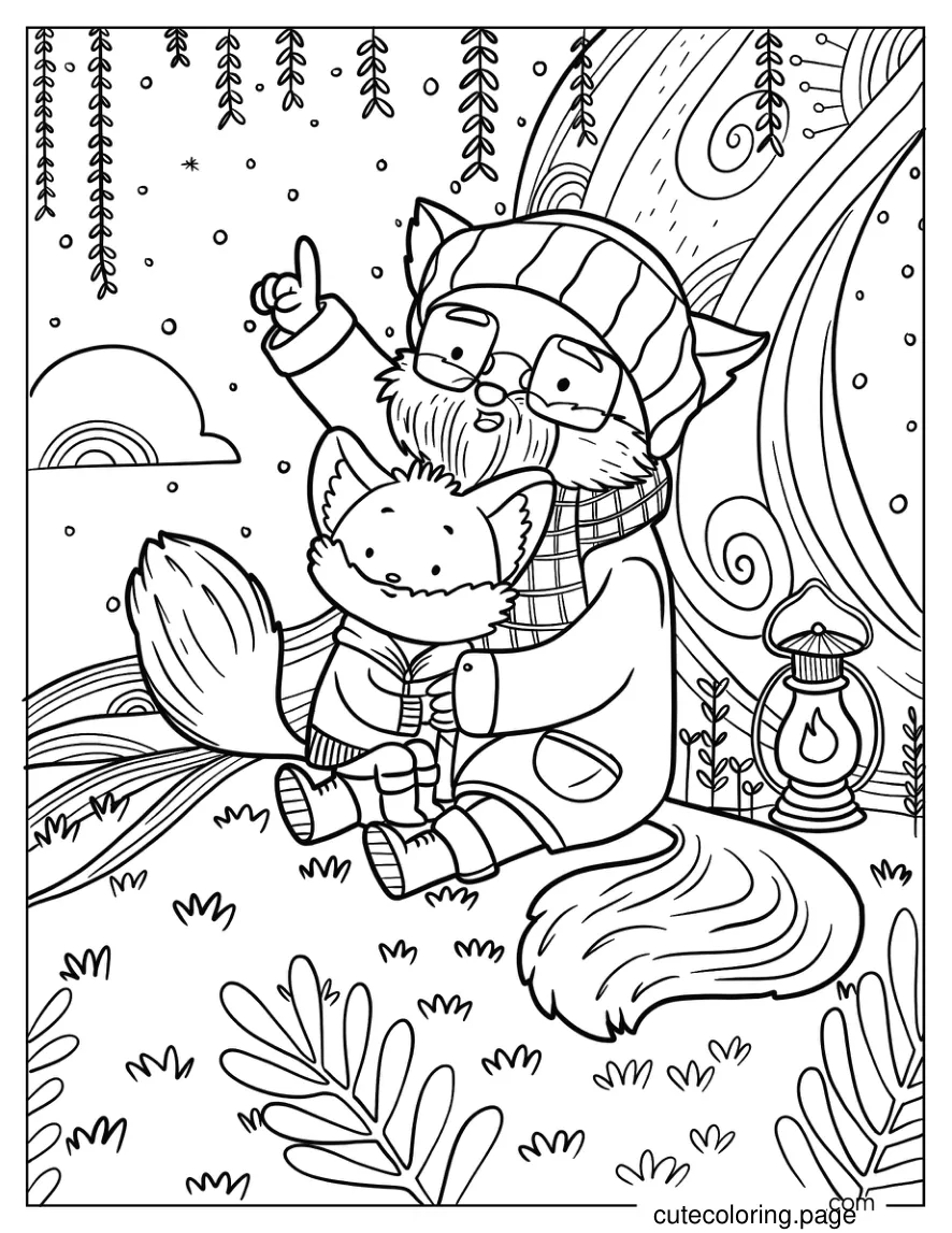 Grandpa Fox With Baby Fox Outdoors On Christmas coloring page