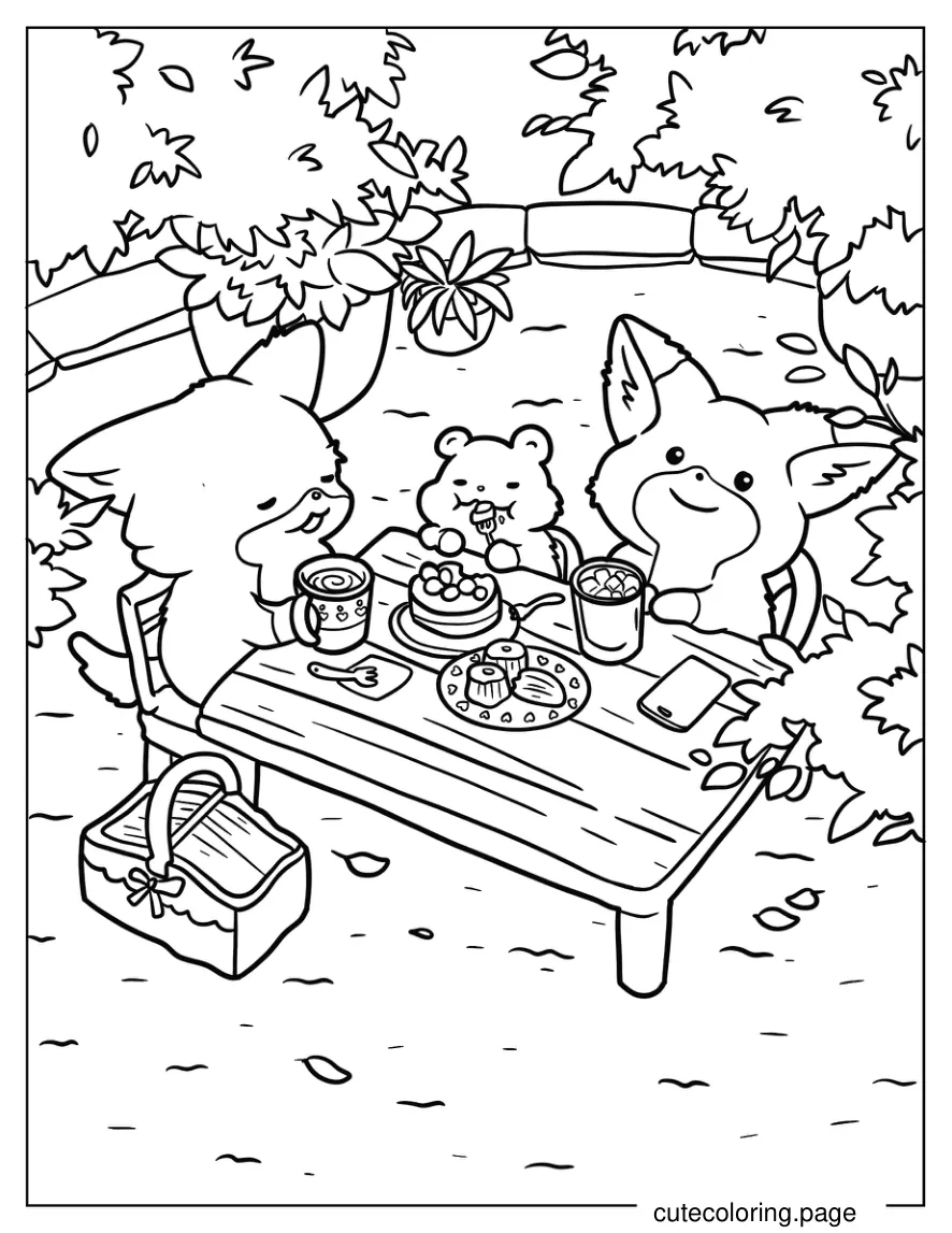 Kawaii Fox Family Eating Outdoors Coloring Sheet coloring page