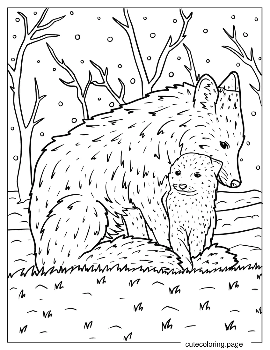 Mama Fox Cuddling With Baby Fox In Snowy Forest Coloring Sheet coloring page