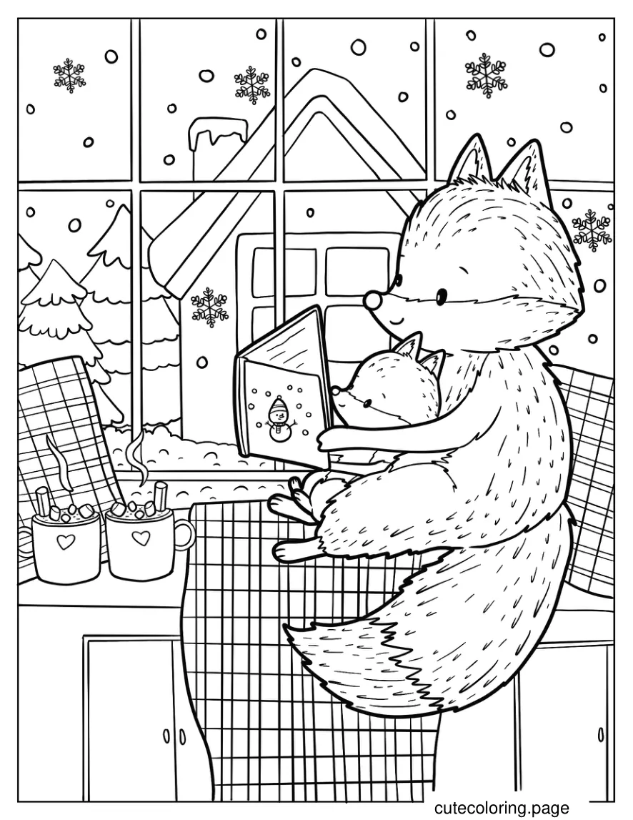 Mama Fox Reading To Baby Fox In Winter Christmas Coloring Sheet coloring page