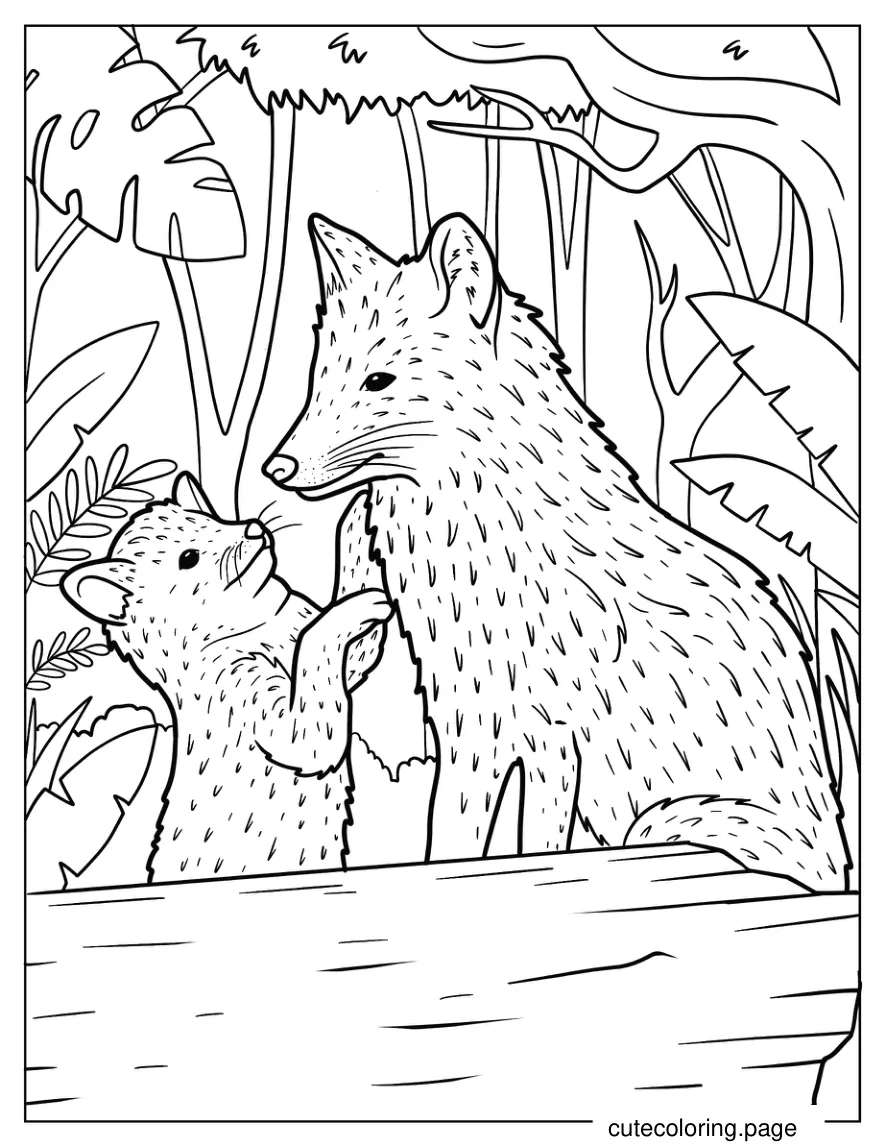 Realistic Mama Fox With Baby Fox In Forest coloring page