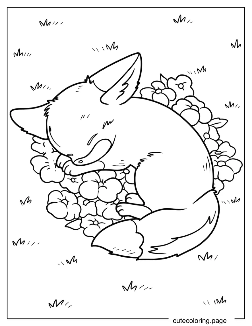 Simple Baby Fox Sleeping On Flowers Coloring Page coloring page