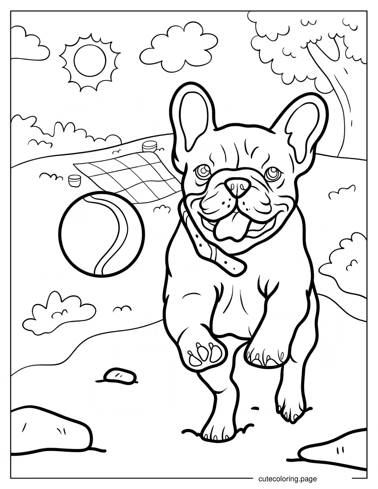 French Bulldog Chasing Ball In Backyard coloring page