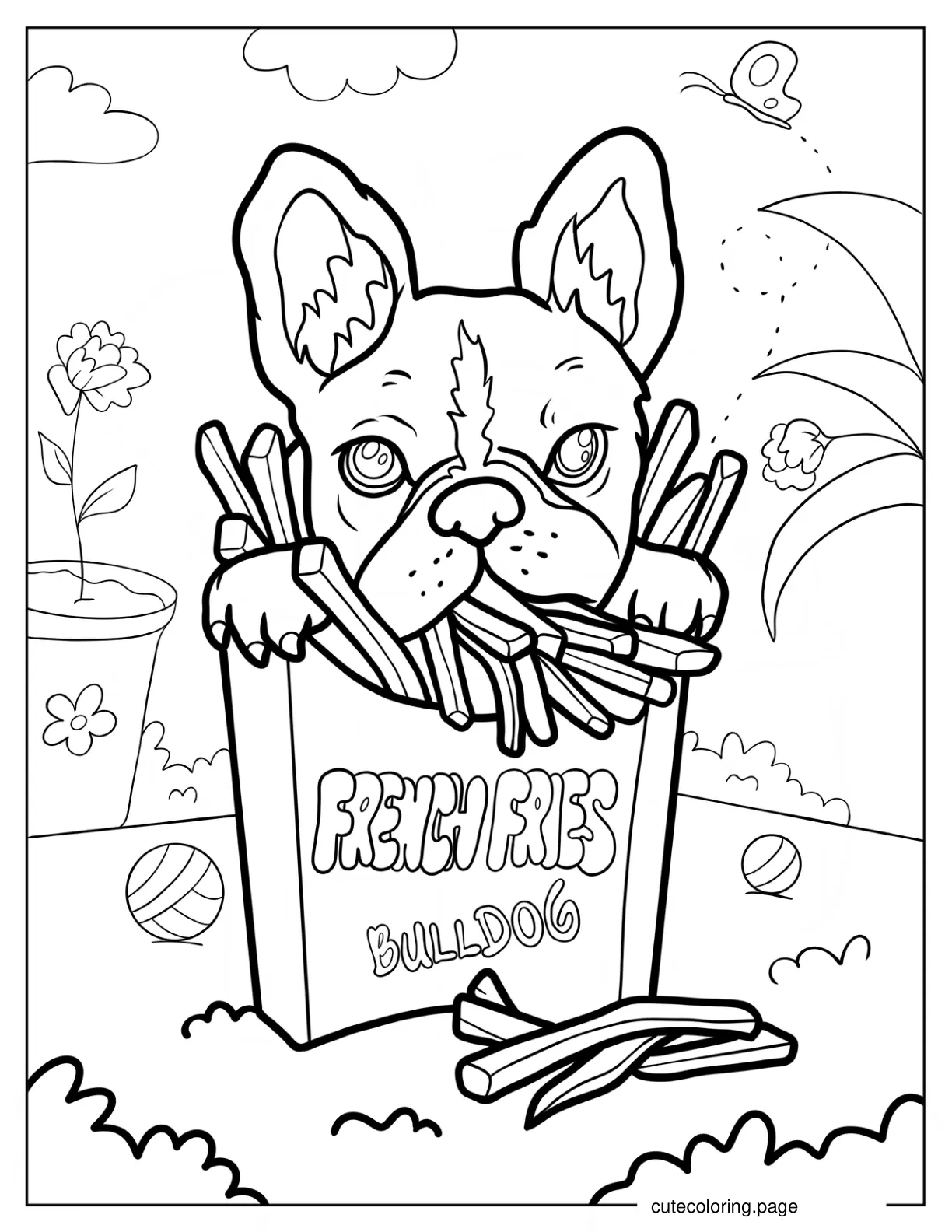 French Bulldog Eating French Fries Coloring Page For Kids coloring page