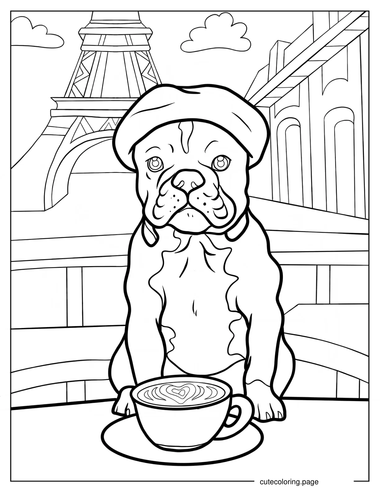 French Bulldog Wearing Beret In Paris Cafe coloring page