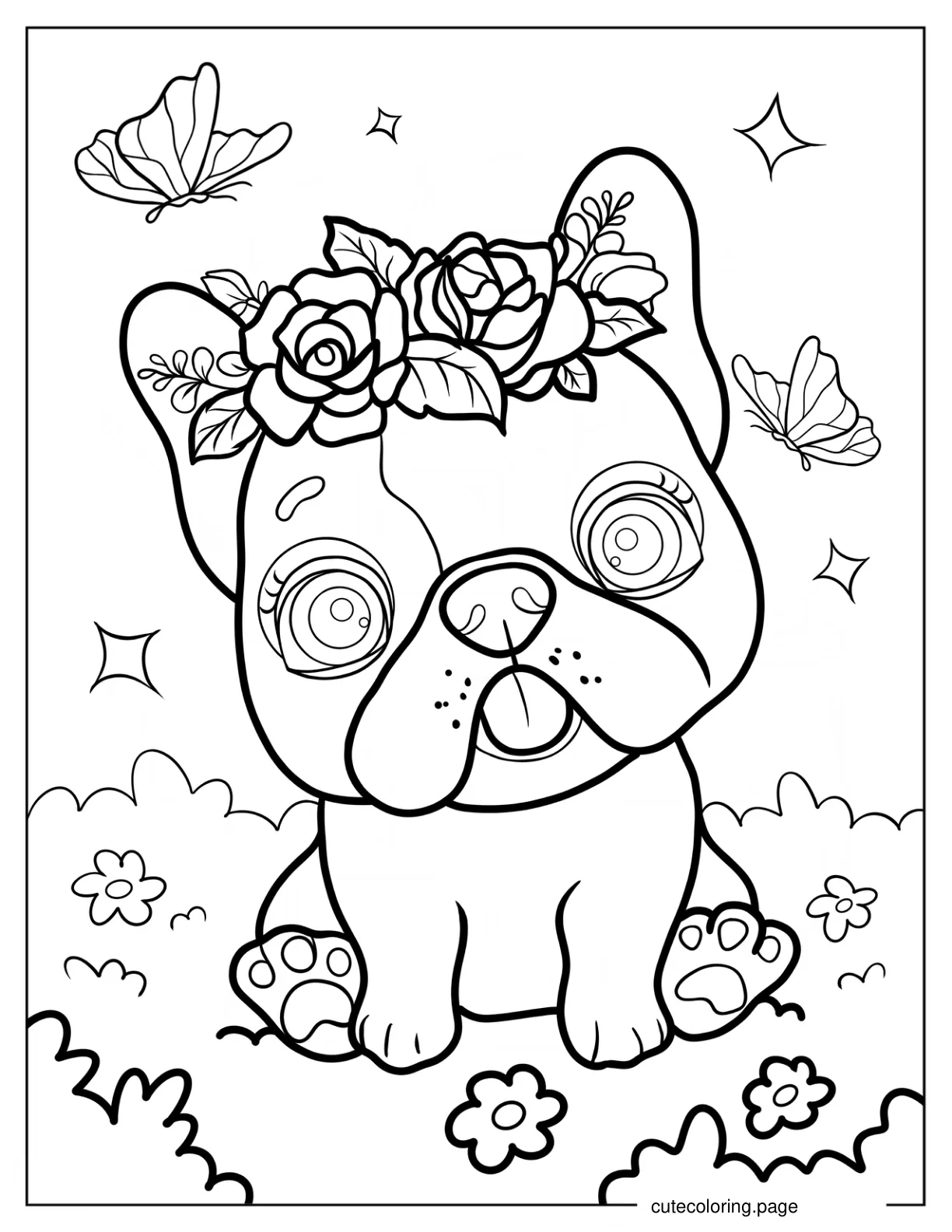 Kawaii French Bulldog Puppy With Flower Crown Coloring Page For Preschoolers coloring page