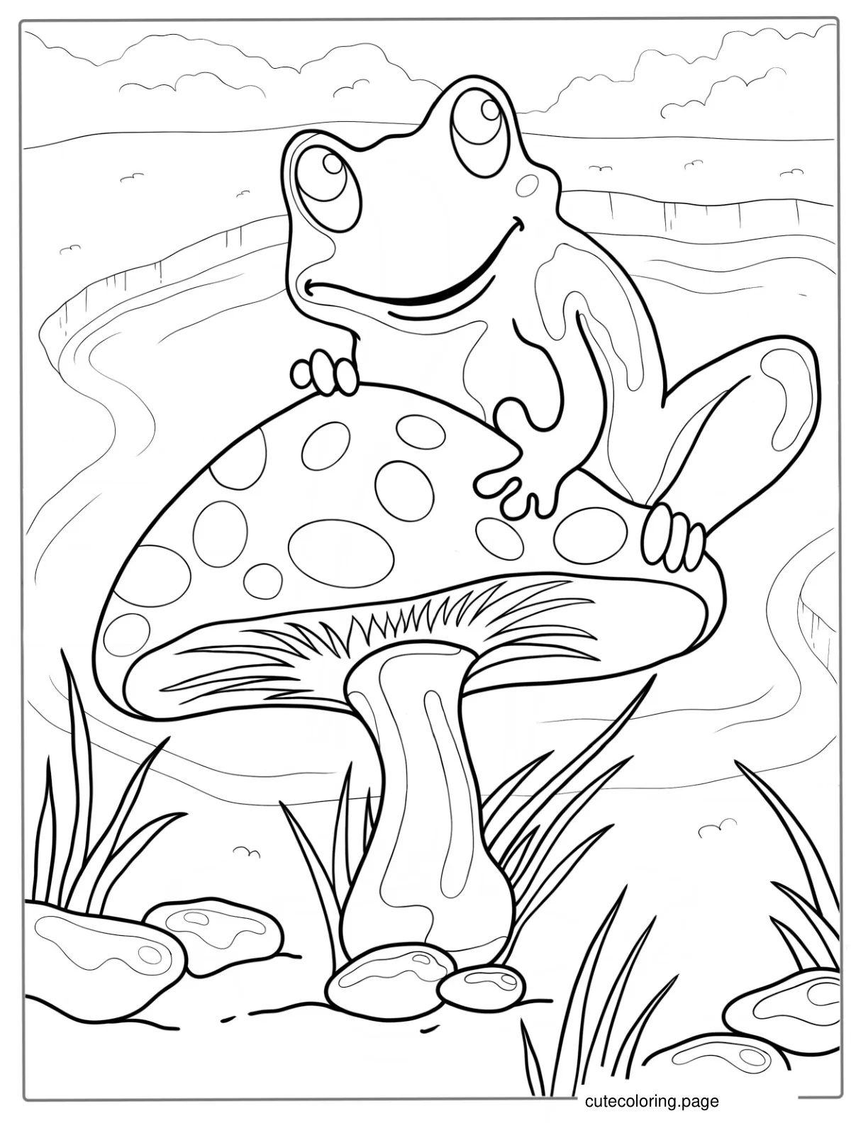 Coloring Page Of Frog Sitting On Mushroom coloring page