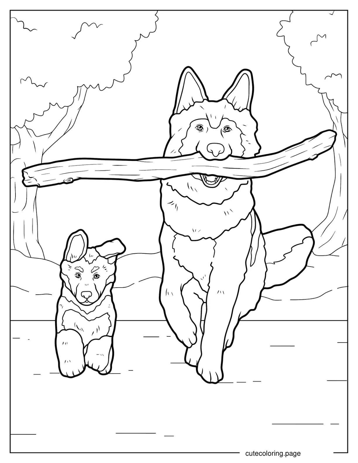 Adult German Shepherd Carrying Stick With Puppy Coloring Page coloring page