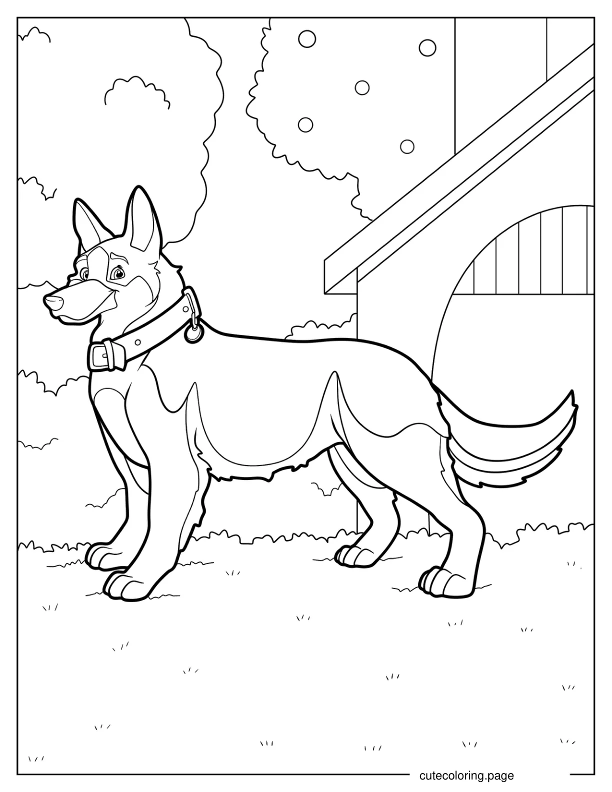 Cartoon German Shepherd Outside Dog House Coloring Sheet coloring page