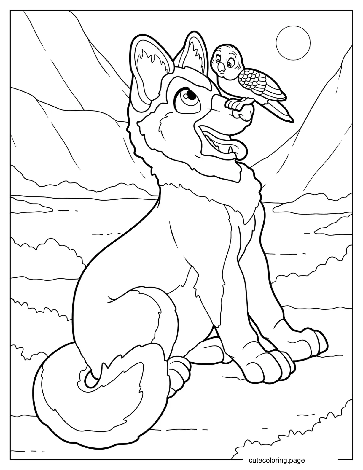 Kawaii German Shepherd With Bird On Nose coloring page