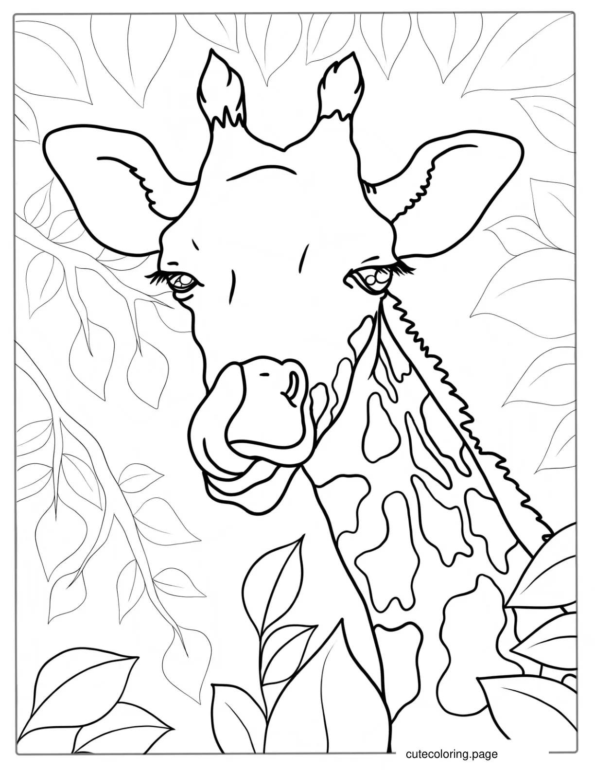 Close Up Of Giraffe Licking Nose To Color coloring page