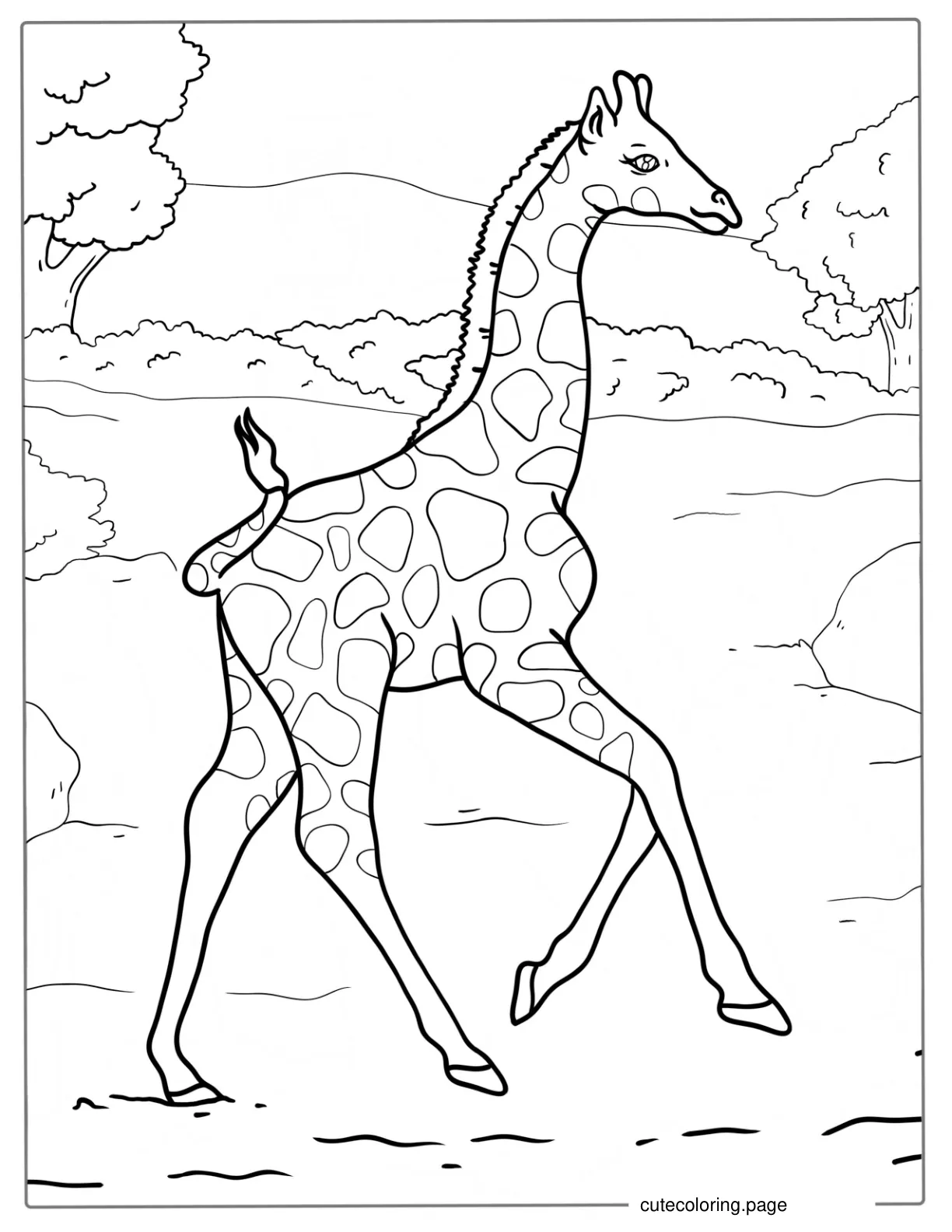 Cute Baby Giraffe Running In The Wild coloring page