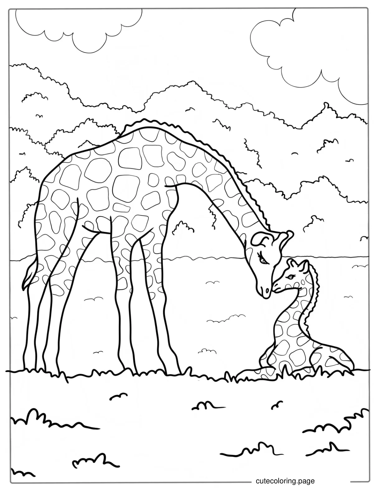 Mother Comforting Baby Giraffe To Color coloring page