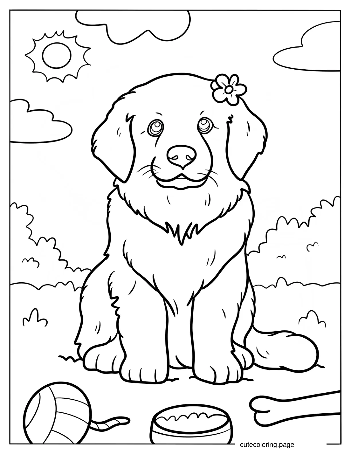 Cute Golden Retriever With Flower On Her Ear Coloring Page coloring page