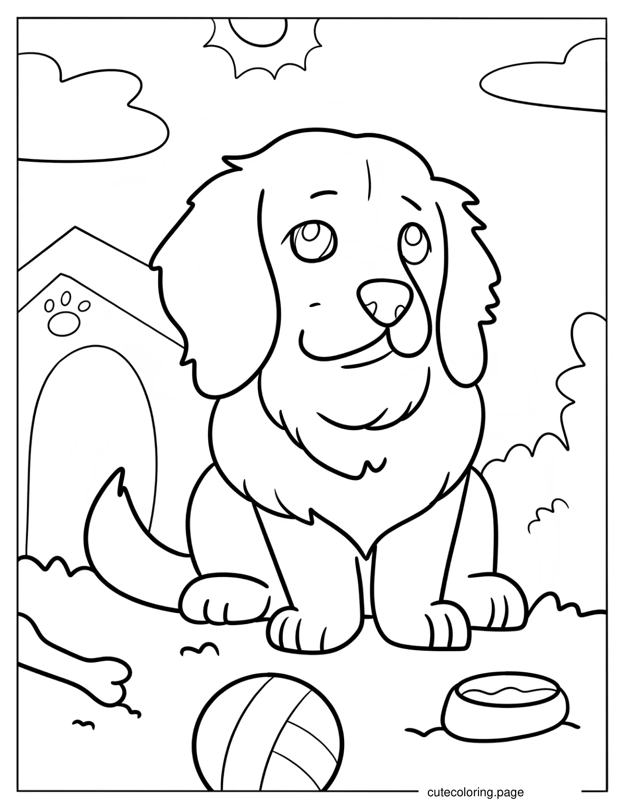 Golden Retriever Puppy Sitting In Front Of Dog House Coloring Page For Preschoolers coloring page