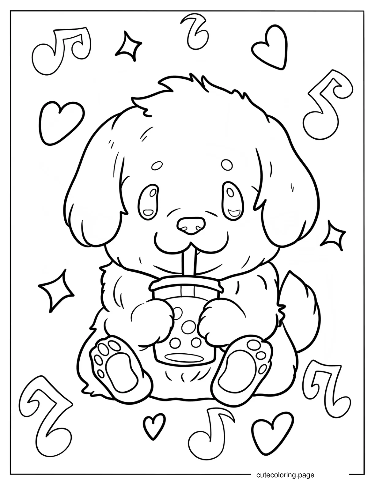 Kawaii Golden Retriever Drinking Boba Tea Coloring Sheet For Kids coloring page