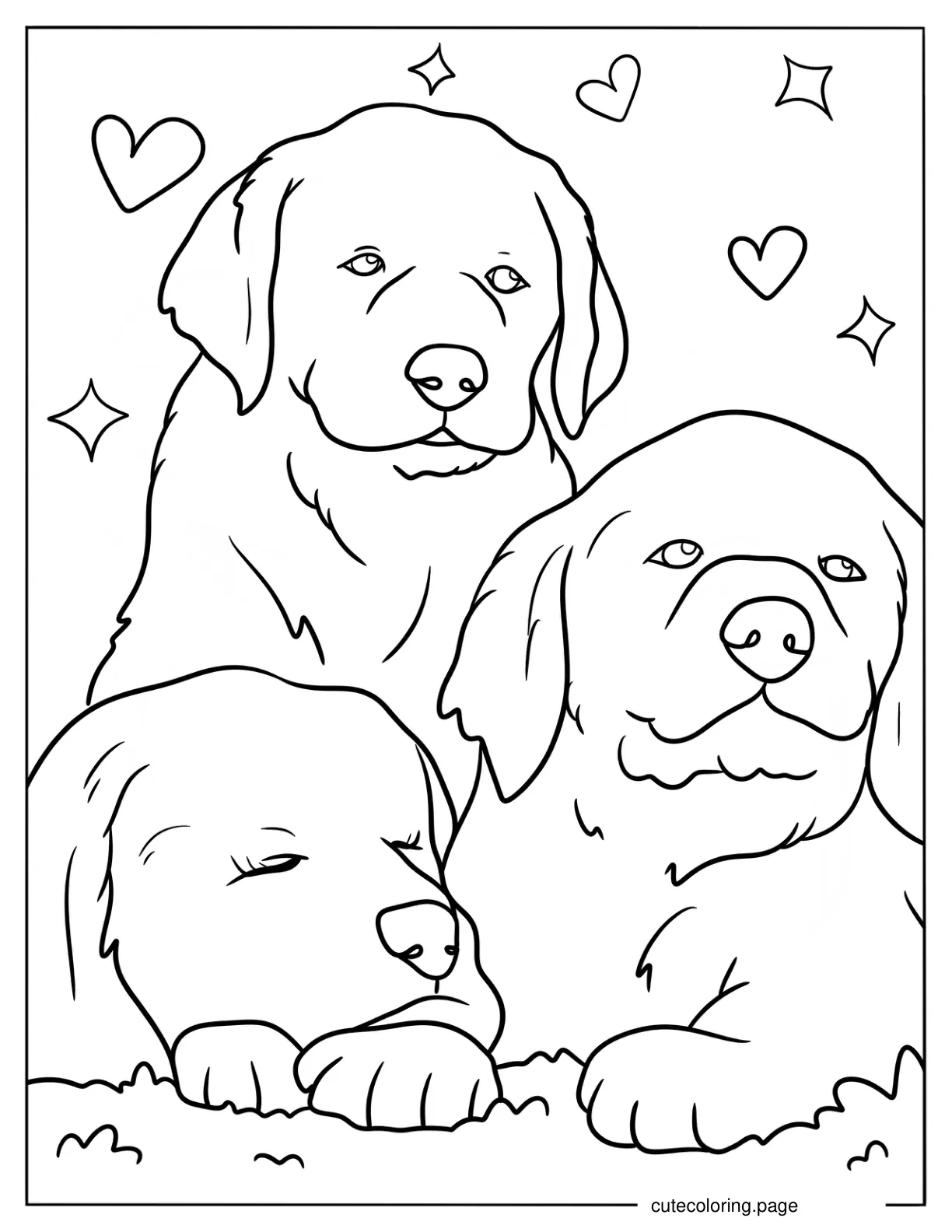 Three Sleepy Golden Retrievers Coloring Page For Kids coloring page